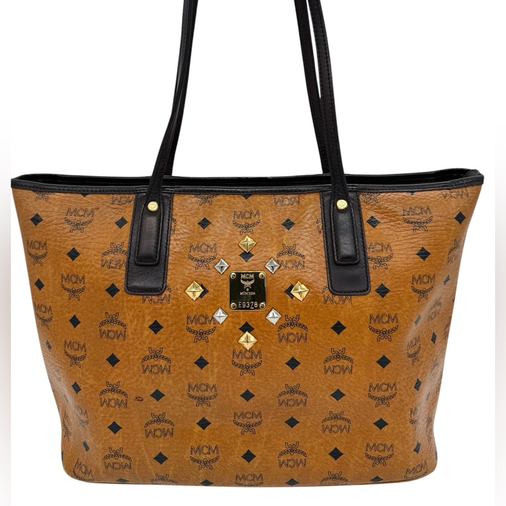 MCM Studded Tote Shoulder Bag Cognac Brown